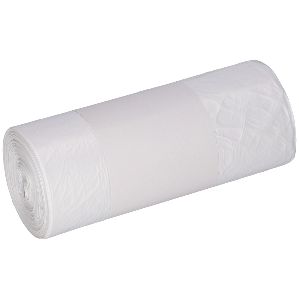 Eine Rolle EMIL DEISS KG (GmbH + Co.) DEISS 56939 Müllsäcke (630x850 mm, weiß, 40 Stück) mit einem um die Mitte gewickelten, schlichten weißen Etikett auf hellem Hintergrund.