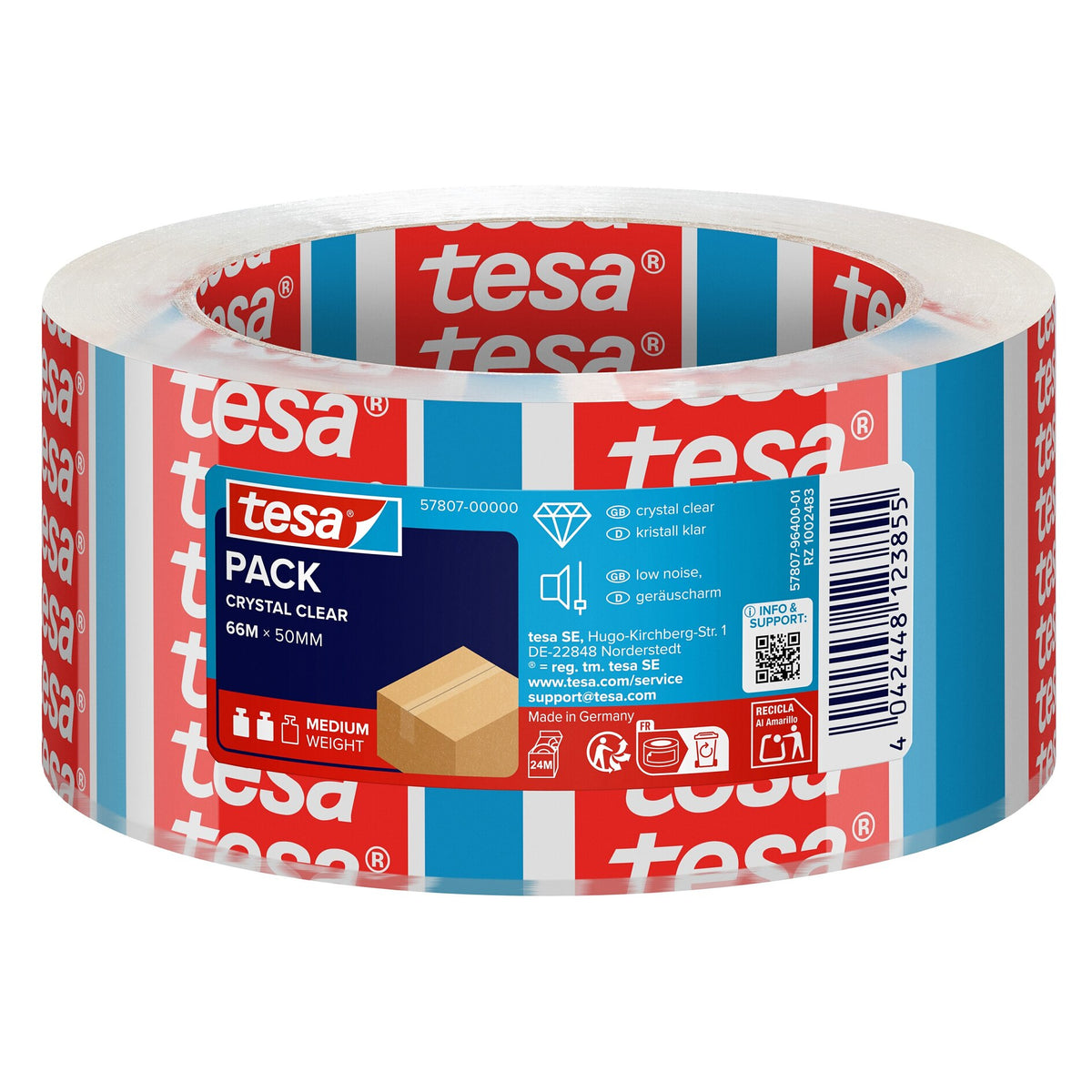 tesapack STRONG CRYSTAL CLEAR Verpackungsband, 66 m x 50 mm, transparent, mit Etikett