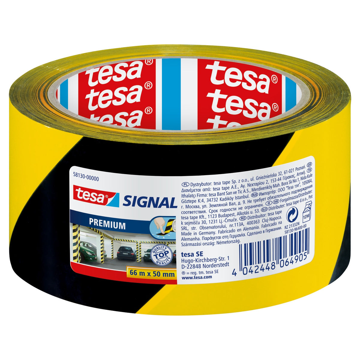 tesa 58130 Premium Markierungs- und Warnklebeband, 66 m x 50 mm, schwarz-gelb