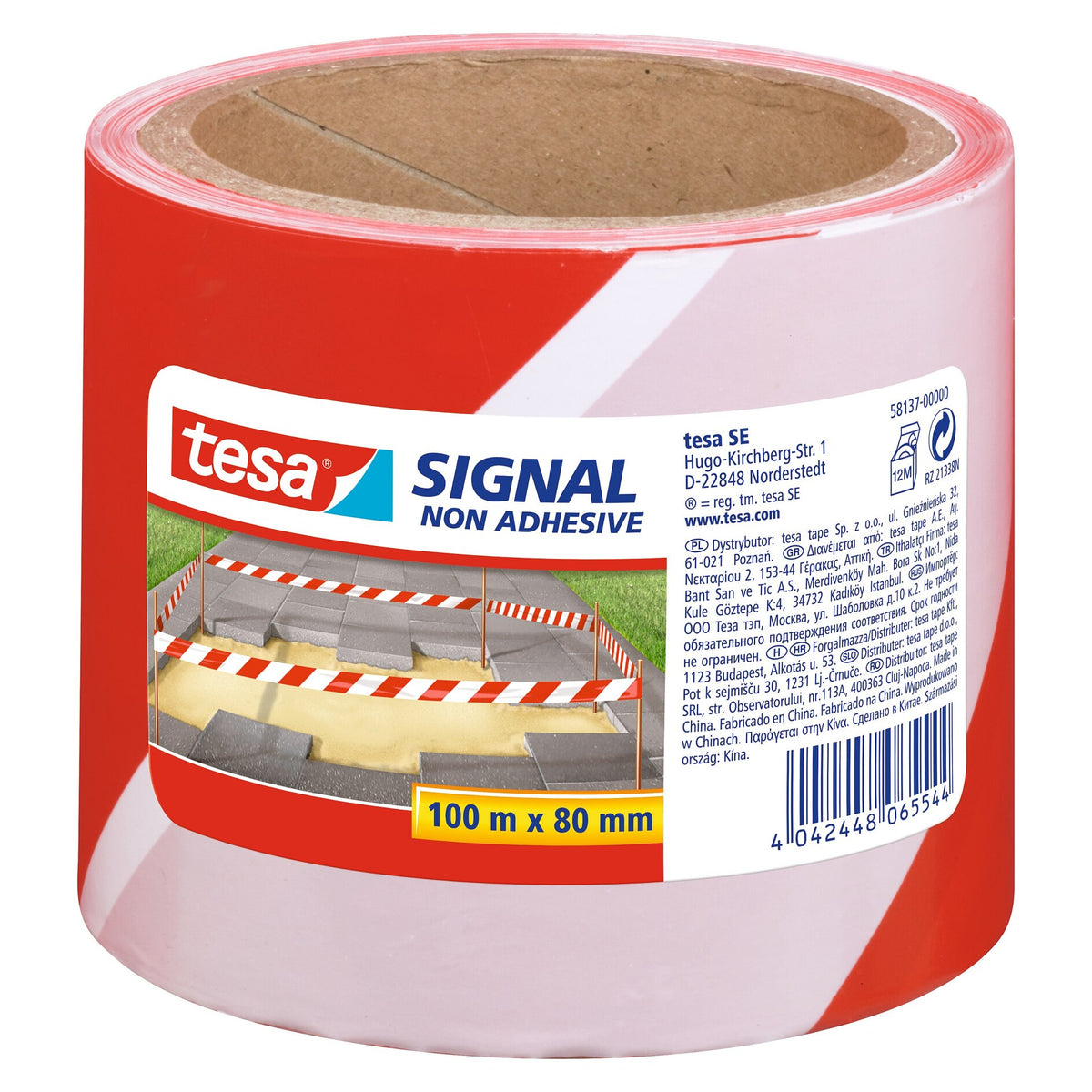 tesa 58137PE Signal Non Adhesive Absperrband, 100 m x 80 mm, rot-weiß