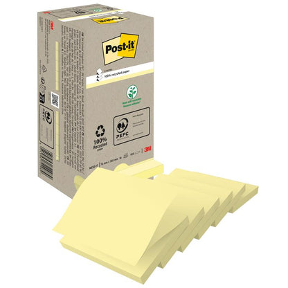 Zobrazená je béžová škatuľa 3M Deutschland GmbH Post-it® Recycling Z-Notes (76 mm x 76 mm, 100% PEFC, 100 listov/blok) s viacerými žltými blokmi na prednej strane a recyklačnými certifikačnými symbolmi na škatuli.