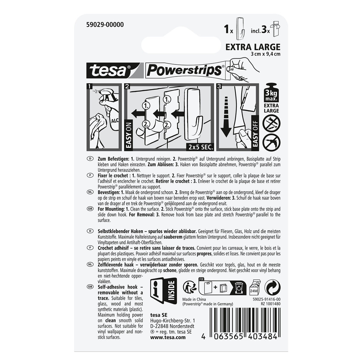 tesa Powerstrips Selbstklebende Haken, XL Eckig, weiß