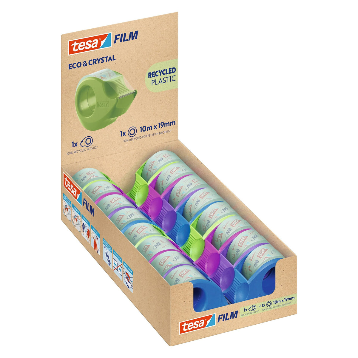 tesafilm Eco & Crystal Mini Dispenser, 10 m x 19 mm, farbig sortiert, für Rollen bis 19 m