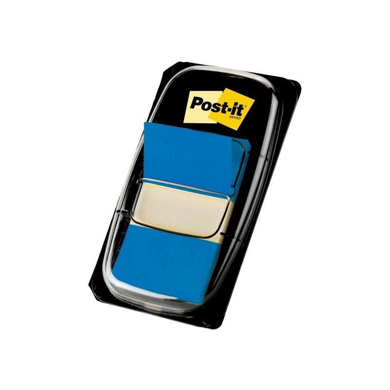 Plastový dávkovač od 3M Deutschland GmbH s Post-it® Index lepiacimi štítkami, štandardná veľkosť (25,4 mm x 43,2 mm), 50 modrých vlajočiek na dávkovač, so žltým a čiernym logom Post-it na obale.