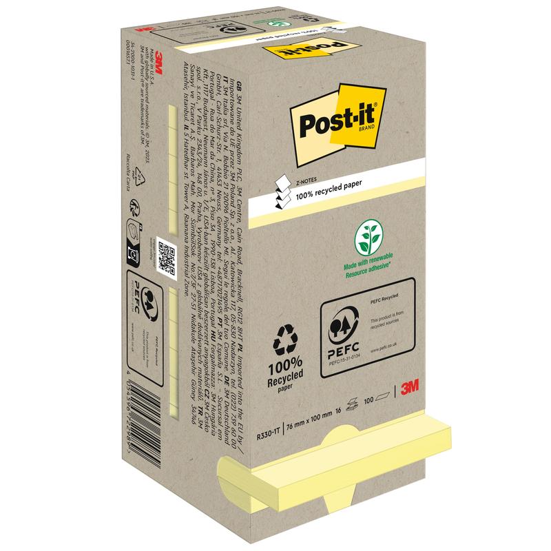 Zobrazená je škatuľa 3M Deutschland GmbH Post-it® Recycling Z-Notes (76x76mm, 100 listov, 100% PEFC) s ekologickými symbolmi na obale a dvoma žltými blokmi, ktoré sú čiastočne viditeľné na spodku.