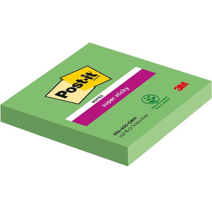 Post-it® Super Sticky Notes blok (76 mm x 76 mm, 90 listov), vyrobený 3M Deutschland GmbH, je zobrazený v zelenej farbe. Etiketa zobrazuje logo značky, "Super Sticky", symbol recyklácie a poznámku, že je vyrobený zo 100 % PEFC-certifikovaného materiálu.