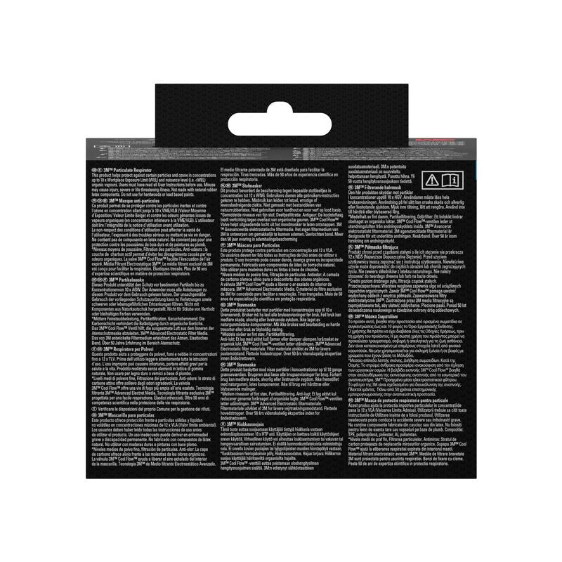 Obrázok zobrazuje zadnú stranu 3M™ Aura™ Comfort Cool Flow™ časticová maska 9332+ (FFP3, s ventilom) od 3M Deutschland GmbH. Čierne balenie obsahuje tri stĺpce s viacjazyčným bielym textom a závesné uško na vrchu.