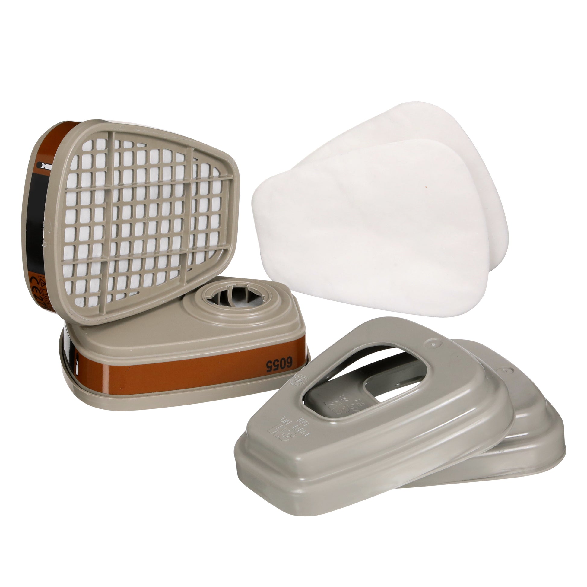 Der 3M™ Filtersatz 6002-1SP von 3M Deutschland GmbH enthält zwei A2-Patronen (6055), zwei P2-Filtermatten (5925) und zwei Filterdeckel (501) für organische Dämpfe, abgebildet auf weißem Hintergrund.