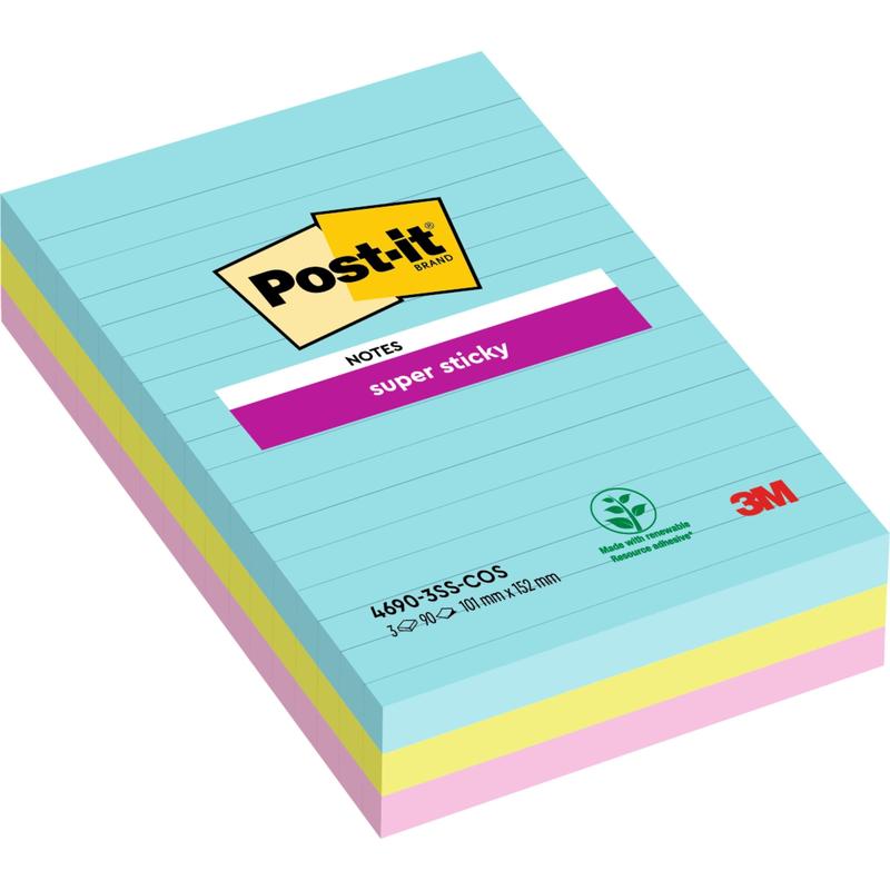 Stoh podšívaných Post-it® Super Sticky Notes vo veľkom formáte (101 mm x 152 mm, 90 listov/blok, 100% PEFC) od 3M Deutschland GmbH v ekologickom balení.