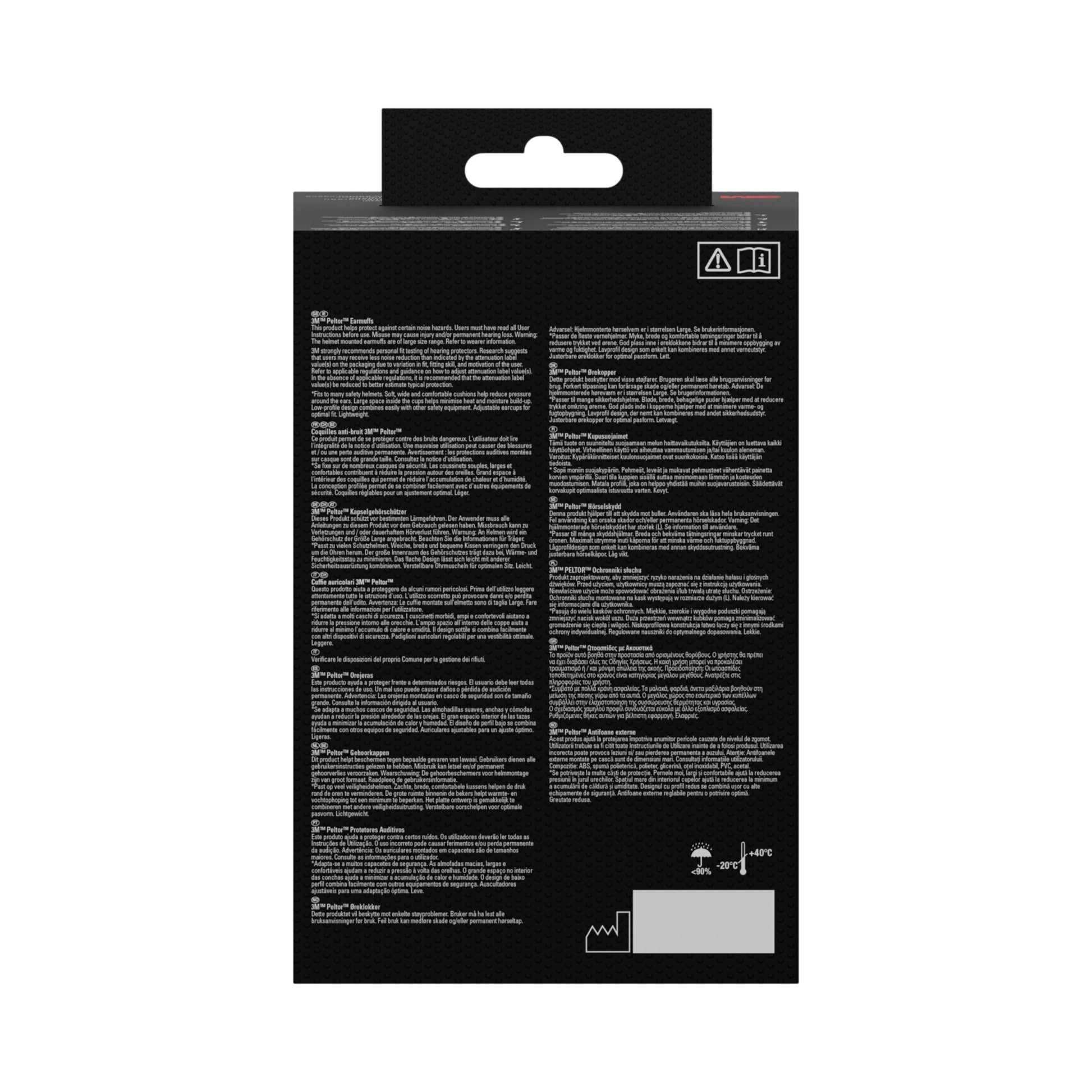 Die Rückseite der rechteckigen gelben 3M™ PELTOR™ Optime™ I Kapselgehörschutz für Schutzhelm H510P3E Verpackung der 3M Deutschland GmbH zeigt weißen mehrsprachigen Text, Sicherheitssymbole oben rechts und einen Barcode mit Symbolen unten.