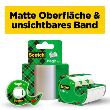 Scotch® Magic™ Neviditeľná páska (19 mm x 25 mm) od 3M Deutschland GmbH v zelenom kockovanom dizajne sa zobrazuje s ručným dávkovačom. Nad ním je napísané: "Matný povrch & neviditeľná páska.