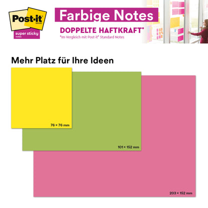 Vergleichen Sie drei PEFC-zertifizierte Post-it® Super Sticky Meeting Notes von 3M in Neonfarben (gelb 76x76mm, grün 101x152mm, pink 203x152mm), während jemand eine große neonfarbene Haftnotiz (203x152mm) an eine Glaswand klebt.
