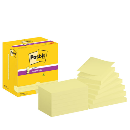 Links ist eine gelbe Schachtel mit 3M Post-it® Super Sticky Z-Notes (76x127 mm, 90 Blatt/Block, 12 Blöcke/Packung, PEFC-zertifiziert) abgebildet, daneben liegen unlinierte rechteckige Zettel.