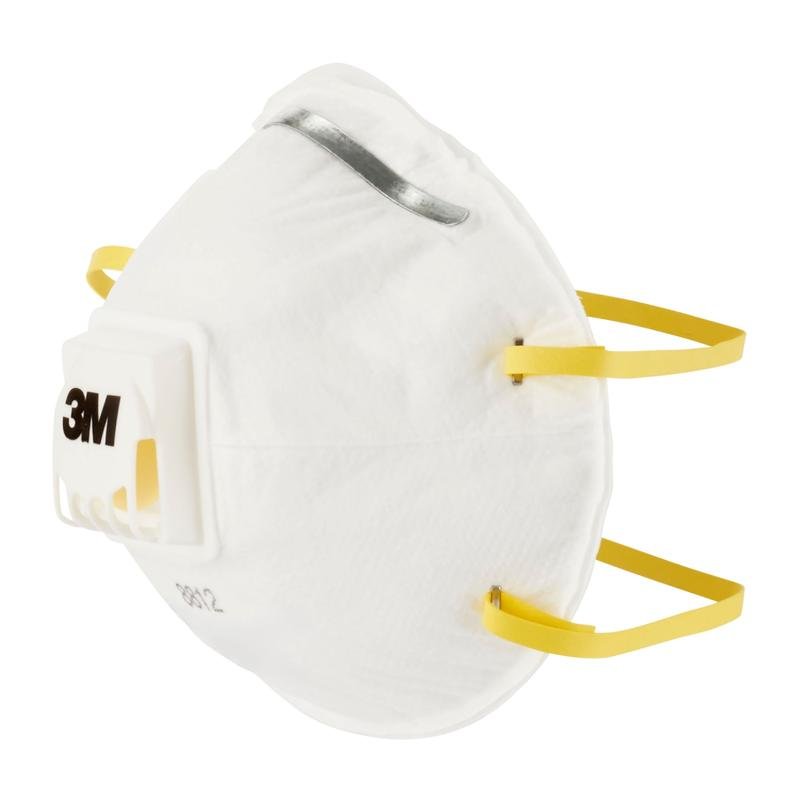 3M™ Cool Flow™ časticová maska 8812, FFP1 s ventilom (od 3M Deutschland GmbH) s kovovým nosovým klipom, žltými elastickými páskami a bielym výdychovým ventilom je viditeľná na neutrálnom pozadí.