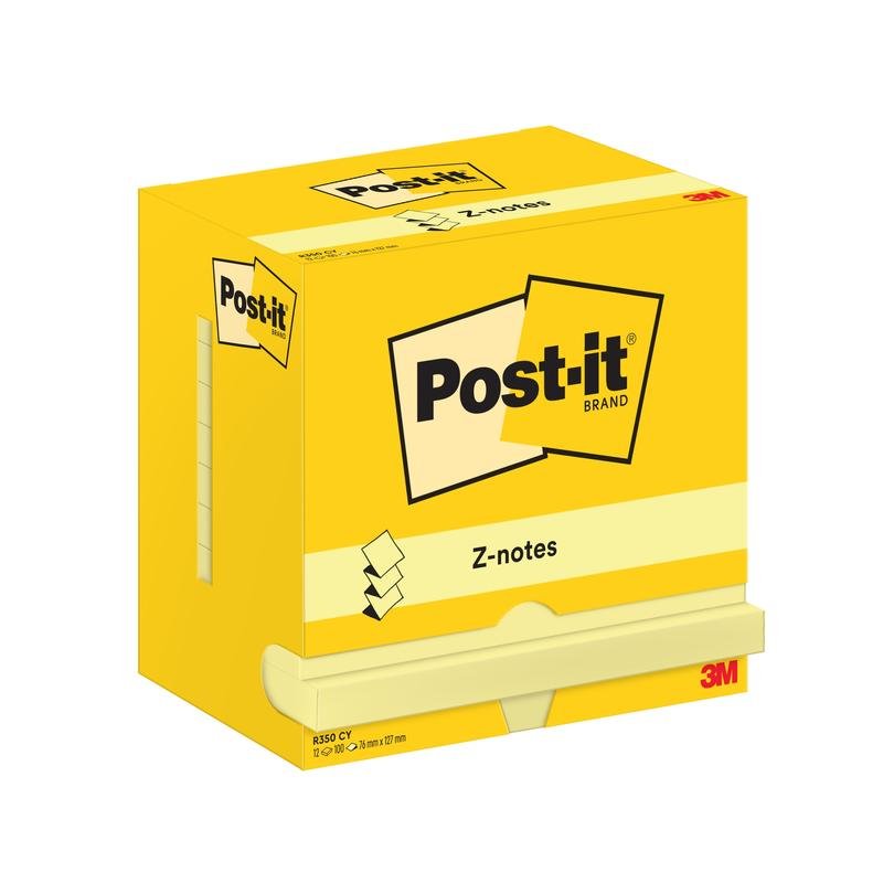 Žltá Post-it® Super Sticky Z-Notes škatuľka od 3M Deutschland GmbH, 76 x 127 mm, 100 listov, kartónové balenie, s čiastočne vytiahnutými svetložltými lístkami a logom značky na prednej strane.