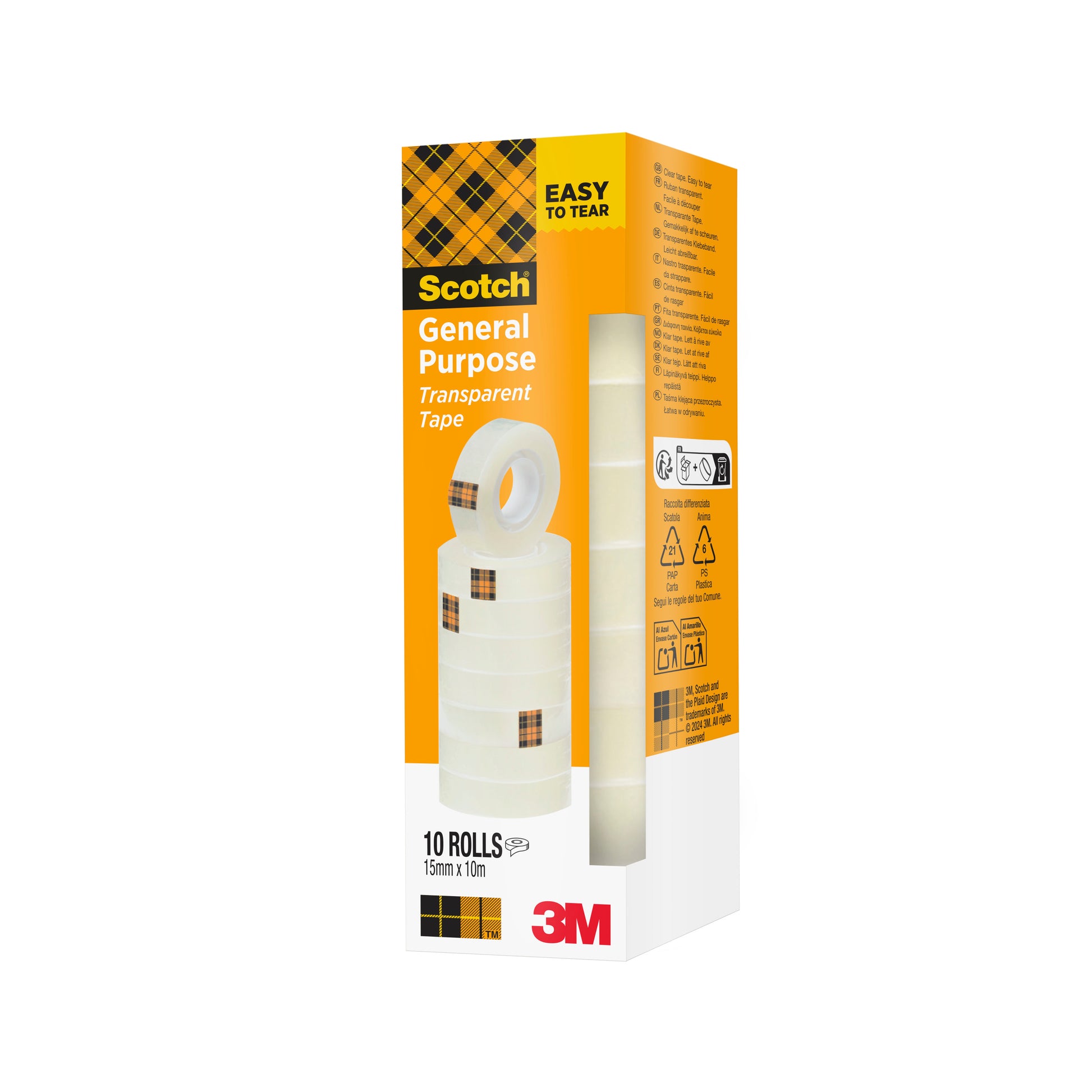 Eine Packung Scotch® 508 Transparentes Klebeband von 3M Deutschland GmbH enthält 10 Rollen (15 mm x 10 m) in einer Pappschachtel. Die Verpackung zeigt ein gelb-oranges Branding mit Klebebandrollen, die durch ein Klarsichtfenster sichtbar sind.