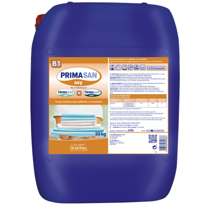 Ein großer blauer 20 kg Kunststoffbehälter mit der Aufschrift "Dr. Schnell PRIMA SAN OXY" der DR.SCHNELL GmbH & Co. KGaA, mit Produktangaben, Hygienehinweisen, Abbildungen von gefalteten Handtüchern auf dem Frontetikett, einer roten Kappe und der Verwendung als Desinfektionsmittel.