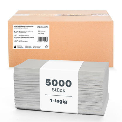 Balík 5 000 ARNOMED PAPIEROVÝCH UTIEROK 25 x 23 cm | V-SKLAD od spoločnosti ARNOWA GmbH je naskladaný pred hnedou krabicou, zabalený bielou páskou s nápisom "5000 kusov 1-vrstvové" - ideálne jednovrstvové utierky do umyvární.