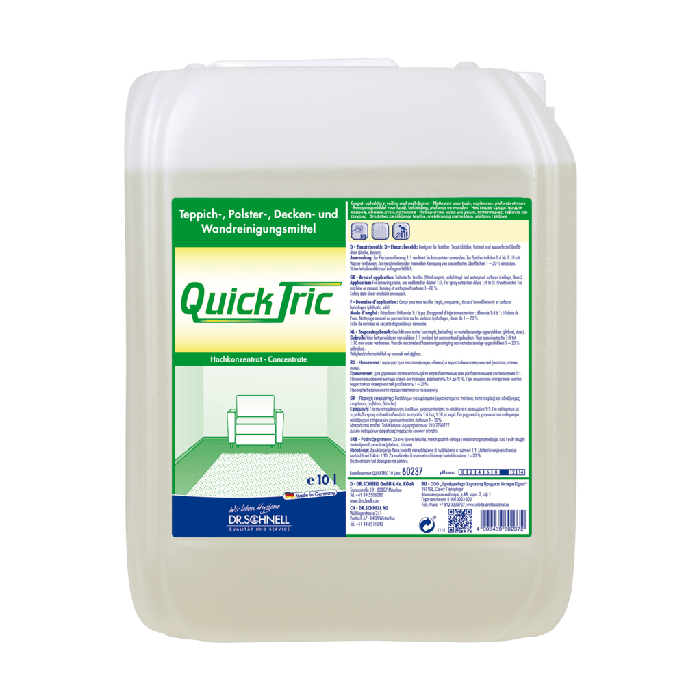 10-litrový plastový kontajner Dr. Schnell QUICK TRIC od DR.SCHNELL GmbH & Co. KGaA, koncentrovaný čistiaci prostriedok na profesionálne čistenie kobercov, čalúnenia, stropov a stien; etiketa obsahuje pokyny a obrázok pohovky a koberca.