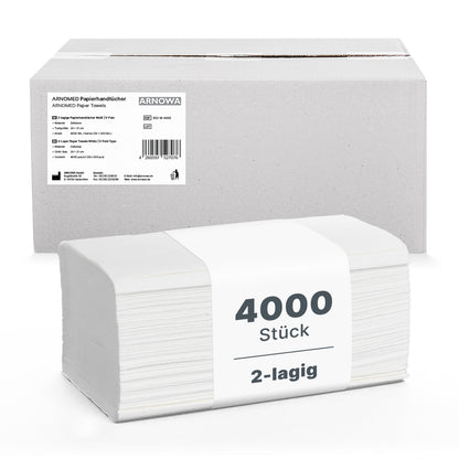 Stoh bielych ARNOMED PAPIEROVÝCH UTIEROK 25 x 23 cm | V-SKLAD, označený "4000 kusov, 2-vrstvové", leží pred jednoduchou krabicou od ARNOWA GmbH - perfektné pre umyvárne.