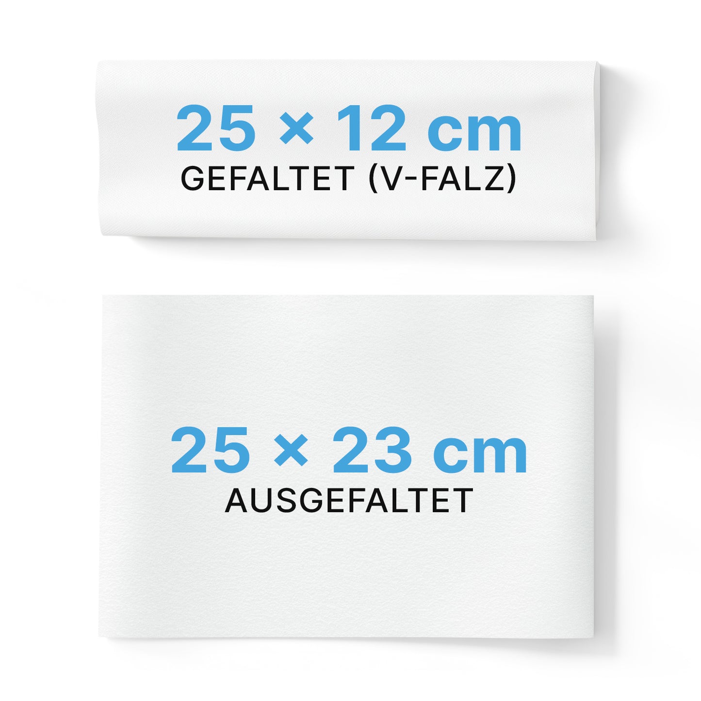 Dve biele ARNOMED Papierové utierky 25 x 23 cm | V-Sklad od ARNOWA GmbH: horná je zložená a označená "25 x 12 cm ZLOŽENÉ (V-SKLAD)", dolná je rozložená a označená "25 x 23 cm ROZLOŽENÉ", obe v čiernom a modrom texte.