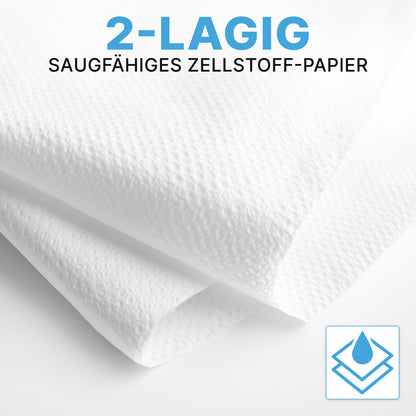 Dva listy ARNOMED PAPIEROVÝCH UTIEROK 25 x 23 cm | V-SKLAD od ARNOWA GmbH ukazujú svoju savú, 2-vrstvovú celulózovú textúru - ideálne pre umyvárne. Obrázok ukazuje modrú ikonu s naskladanými listami a kvapkou vody.