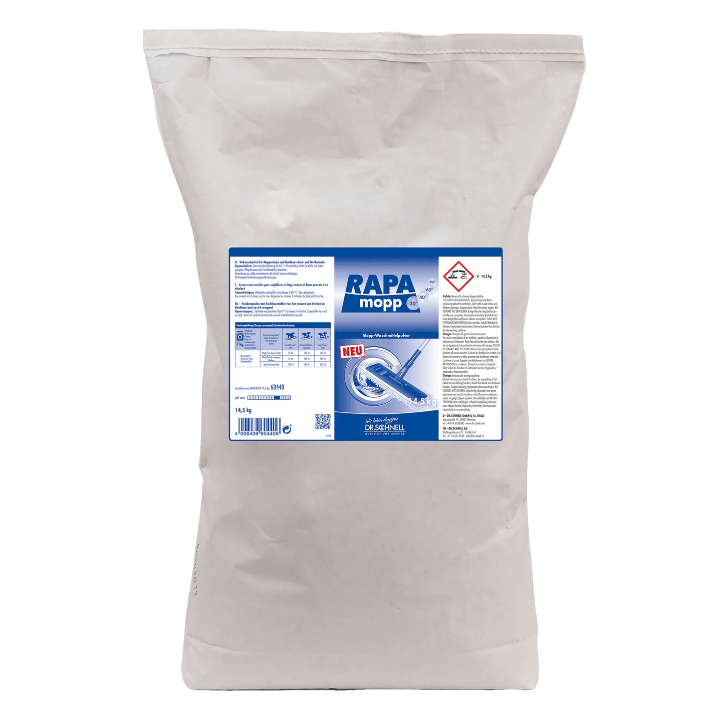 Biely plastový vak s hmotnosťou 1450 g Dr. Schnell RAPA MOPP Fosfátový prášok na pranie mopov bez fosfátov od spoločnosti DR.SCHNELL GmbH & Co. KGaA je opatrený bezpečnostnými symbolmi a pokynmi, ktoré zaručujú profesionálnu hygienu prania pri čistení textílií.