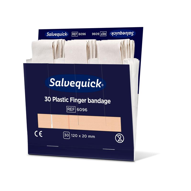 Eine geöffnete blaue Box von Orkla Wound Care AB enthält 30 Fingerbinden aus Kunststoff (120 x 20 mm), die jeweils aufrecht stehen. Packung: 6 Stück.