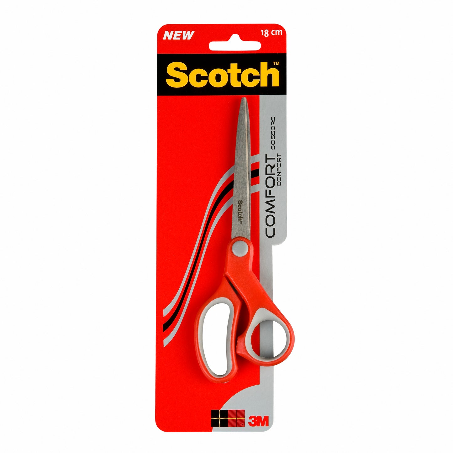 Nožnice Scotch™ Komfortschere od 3M Deutschland GmbH v červenej farbe, 18 cm, s plastovým a kartónovým obalom sú zobrazené vertikálne na červeno-čiernom pozadí.