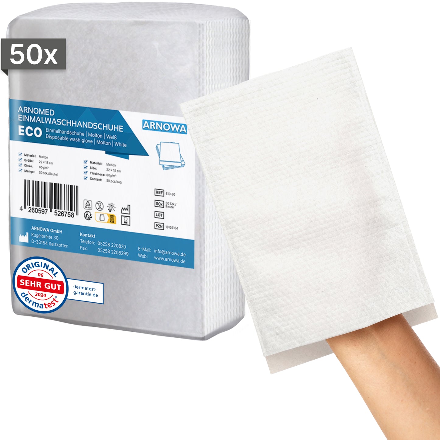 Abgebildet ist ein Beutel mit 50 ARNOMED Einmalwaschhandschuhen aus Molton der ARNOWA GmbH. Ein Handschuh wird an einer Hand getragen, im Hintergrund sind das Dermatest-Siegel und das Produktetikett zu sehen.
