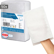 Abgebildet ist eine Packung mit 50 ARNOMED Einmalwaschhandschuhen aus Molton (75g/m²) von ARNOWA GmbH. Ein Handschuh ist auf einer Hand abgebildet, um Größe und Beschaffenheit zu verdeutlichen. Das Dermatest-Qualitätszeichen und die Kontaktinformationen sind auf der Verpackung sichtbar.