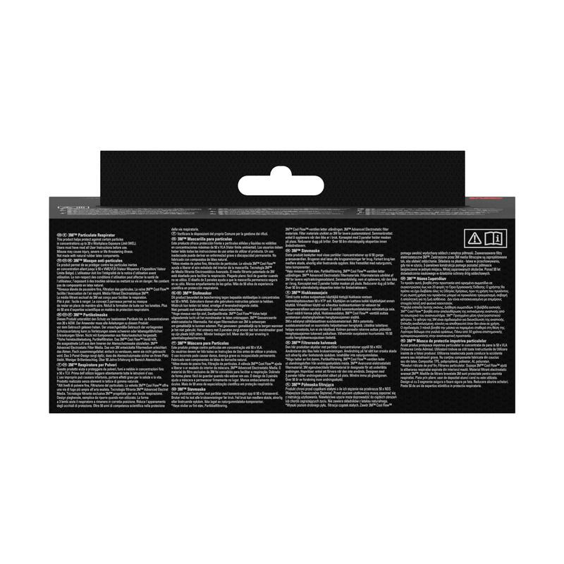 Zadná strana 3M™ Aura™ Comfort Cool Flow™ časticová maska 9332+ FFP3 od 3M Deutschland GmbH má viacjazyčné textové stĺpce, závesné uško na hornom okraji a dva symboly na pravej strane s prevažne bielym textom na čiernom pozadí.