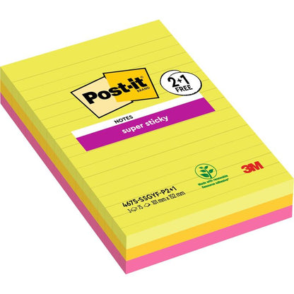 Balenie Post-it® Super Sticky Notes vo veľkom formáte, 101 x 152 mm, linajkované, v rôznych farbách. Obsahuje 3 bloky po 75 listov (SGSCH-PEFC-COC-110078). Od 3M Deutschland GmbH, s PEFC certifikáciou.