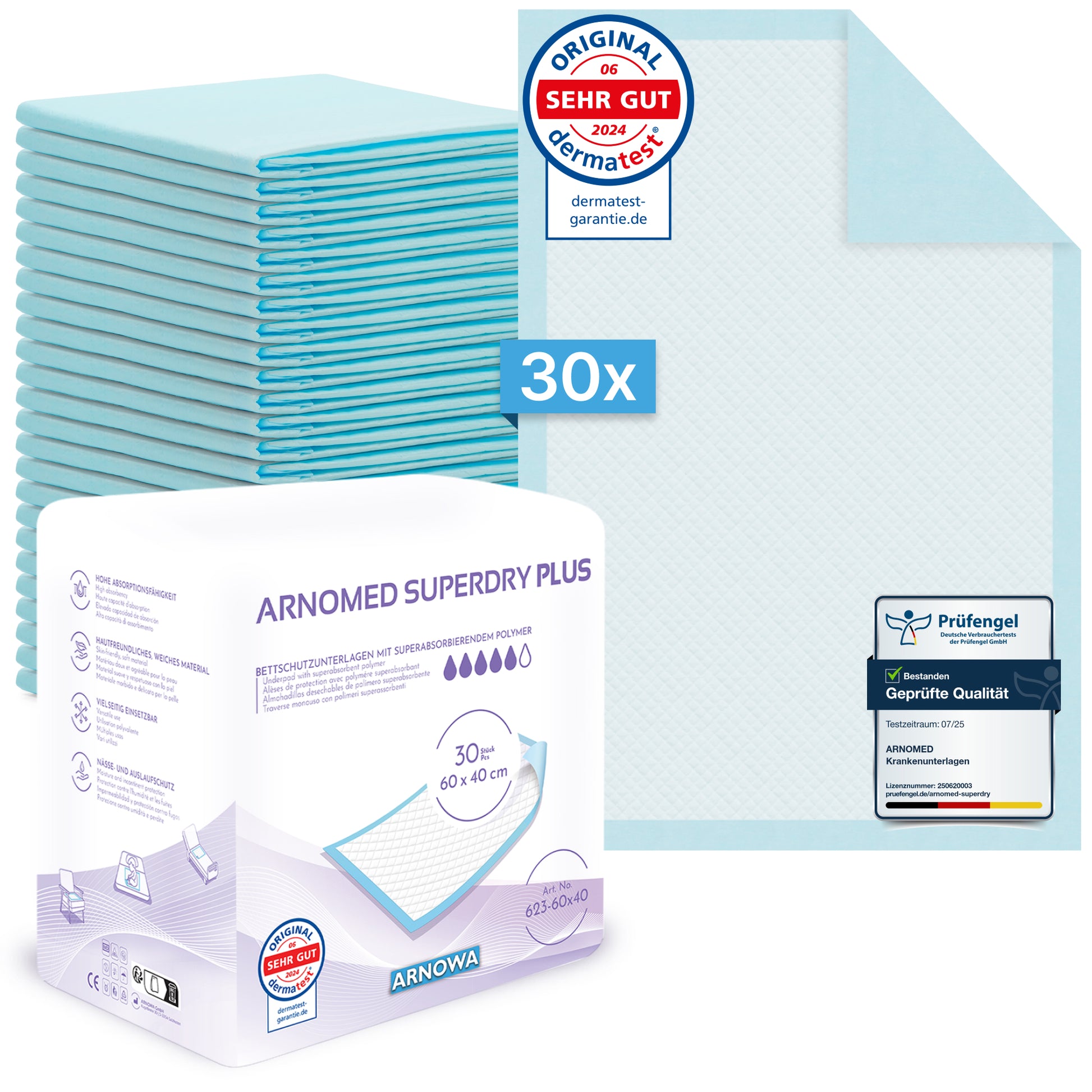 Ein Stapel von 30 blauen ARNOMED SUPERDRY PLUS Extra saugfähige Krankenunterlagen mit SAP von ARNOWA GmbH ist neben der Verpackung mit sichtbaren Zertifizierungs- und Qualitätssiegeln abgebildet; eine superabsorbierende Unterlage ist in der oberen rechten Ecke zu sehen.