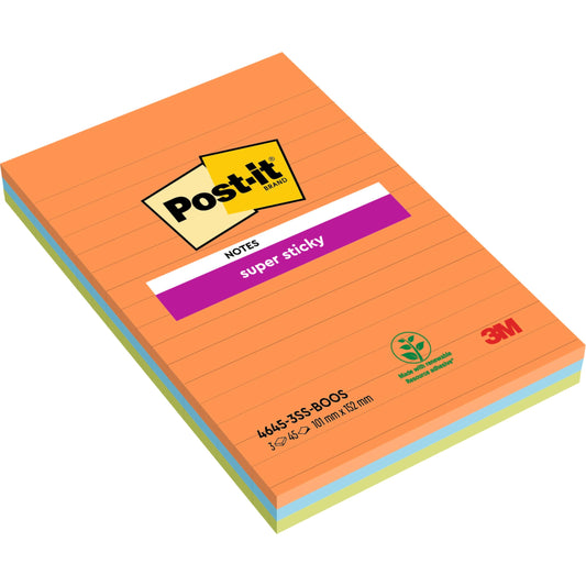 Eine Packung Post-it® Super Sticky Notes im Großformat, Boost Collection, liniert (101 x 152 mm), 3 Blöcke à 45 Blatt, 100% PEFC-zertifiziert (SGSCH-PEFC-COC-110078) von 3M Deutschland GmbH.