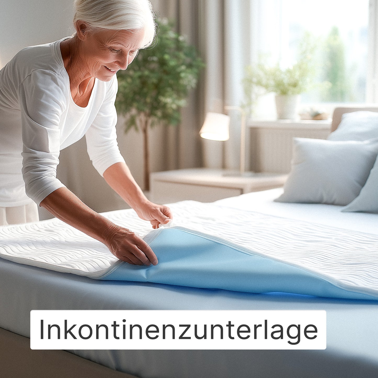 Eine ältere Frau macht ein Bett in einem hellen Raum und legt eine ARNOMED Waschbare Bettschutzunterlage mit Flügeln, Superdry by ARNOWA GmbH auf die Matratze. Das Wort "Inkontinenzunterlage" erscheint am unteren Rand des Bildes.