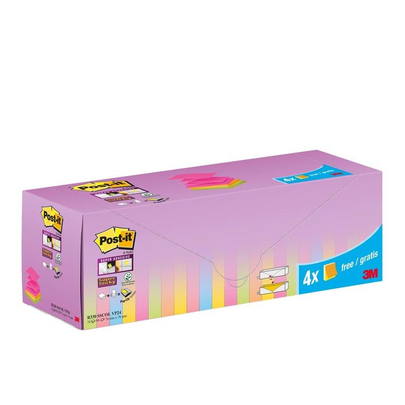 Obdĺžniková krabica Post-it® Super Sticky Z-Notes (76 x 76 mm) v rôznych farbách, 20 blokov + 4 zdarma (promo), 90 listov/blok, od 3M Deutschland GmbH. S fialovými, žltými a modrými etiketami v pastelových farbách a PEFC kartónovým balením.
