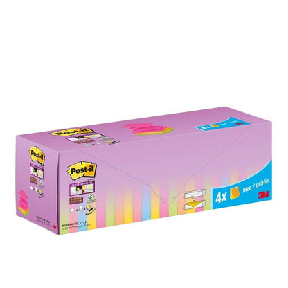 Obdĺžniková krabica Post-it® Super Sticky Z-Notes (76 x 76 mm) v rôznych farbách, 20 blokov + 4 zdarma (promo), 90 listov/blok, od 3M Deutschland GmbH. S fialovými, žltými a modrými etiketami v pastelových farbách a PEFC kartónovým balením.