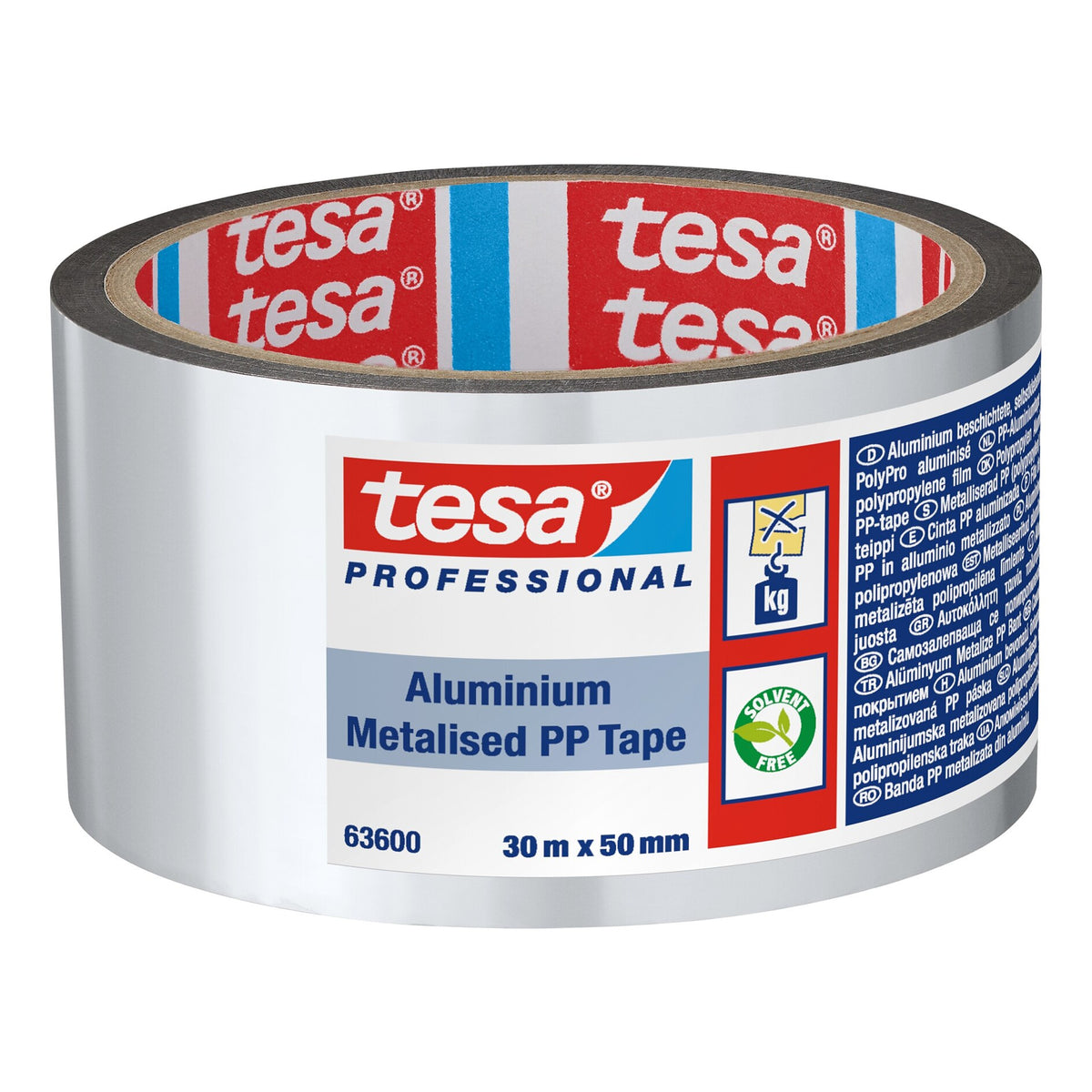 tesa 63600 ALU-bedampftes PP-Klebeband, 30 m x 50 mm, aluminium-weiß