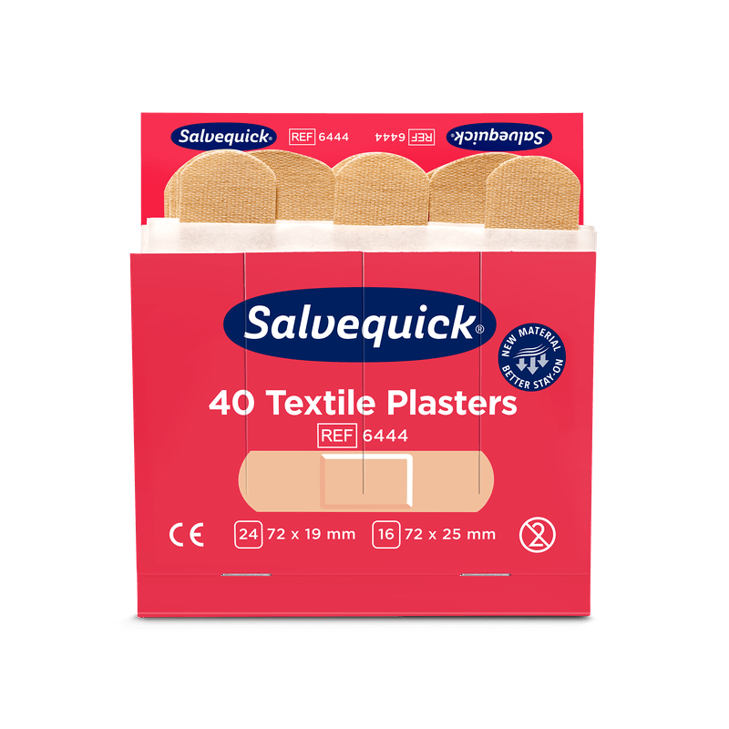 Otvorená červená škatuľka Orkla Wound Care AB Textilgips (40 ks/náhradná náplň, 6 kusov) ukazuje vo vnútri béžové náplasti a na prednej strane veľkosti, informácie o produkte a certifikačné symboly.