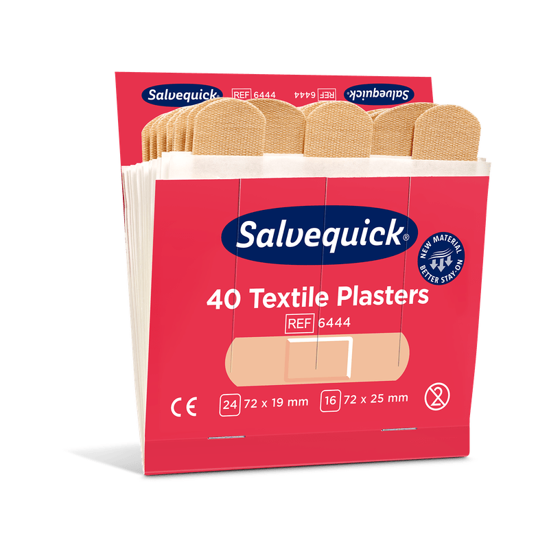 Otvorená škatuľka Orkla Wound Care AB Textilgips (40 ks/náhradná náplň | balenie, 6 kusov) ukazuje béžové textilné náplasti. Balenie zdôrazňuje rýchle ošetrenie rán, rôzne veľkosti a certifikácie produktov.