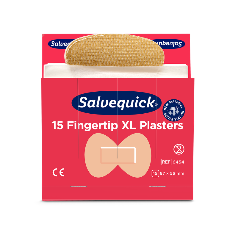 Eine rote Schachtel Orkla Wound Care AB XL Fingerspitzen Textilpflaster, 15 Stück/Mine (6 Stück Packung), mit einem teilweise entfernten Pflaster. Auf der Verpackung sind das CE-Zeichen, die Abmessungen und eine Abbildung der Fingerspitzenform abgebildet.
