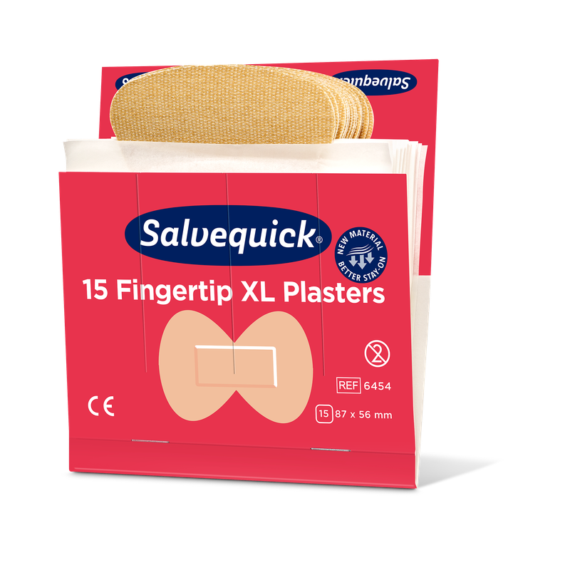 Eine geöffnete Schachtel von Orkla Wound Care AB XL Fingertip Textilpflaster, 15 Stück/Mine (Packung mit 6 Stück), zeigt beige Pflaster Fingerspitzen. Die rote Schachtel hat eine Größe von 87 x 56 mm und hebt das flexible Design des Textilpflasters hervor.