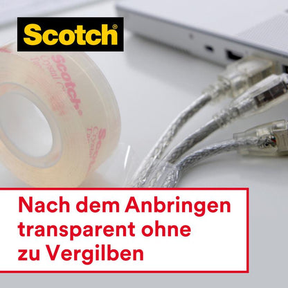 Balenie s 8 rolkami Scotch® Crystal lepiacej pásky (priehľadná, 19 mm x 33 m) od 3M Deutschland GmbH leží vedľa troch počítačových káblov a strieborného notebooku. Nemčina: "Po aplikácii priehľadná bez žltnutia."
