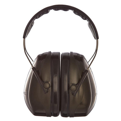 Zelené 3M™ PELTOR™ Optime™ II chrániče sluchu H520A (SNR 31 dB) od 3M Deutschland GmbH, tu spredu s polstrovaným hlavovým pásom a nastaviteľnými kovovými oblúkmi, ponúkajú spoľahlivú ochranu sluchu. Balenie: 1 kus.