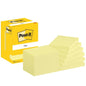 Zobrazené je balenie 3M Post-it® Notes, žlté, 76x102 mm, 100 listov/blok, 12 blokov/karton (100% PEFC). Žltá škatuľa s logom Post-it sa nachádza vľavo od úhľadne naskladaných lístkov.