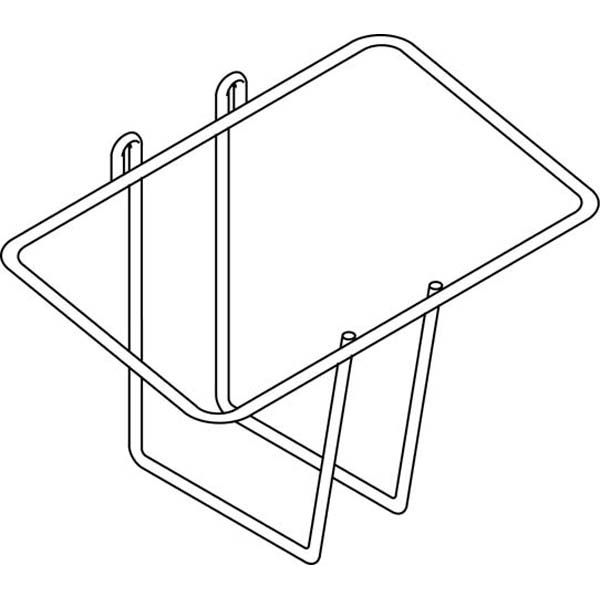 Jednoduchá čierna kresba zobrazuje držiak na kanister Diversey z nehrdzavejúcej ocele pre 1 x 10 litrový kanister s dvoma hornými hákmi na zavesenie a dvoma drôtenými nohami na prenášanie jedného 10-litrového kontajnera.