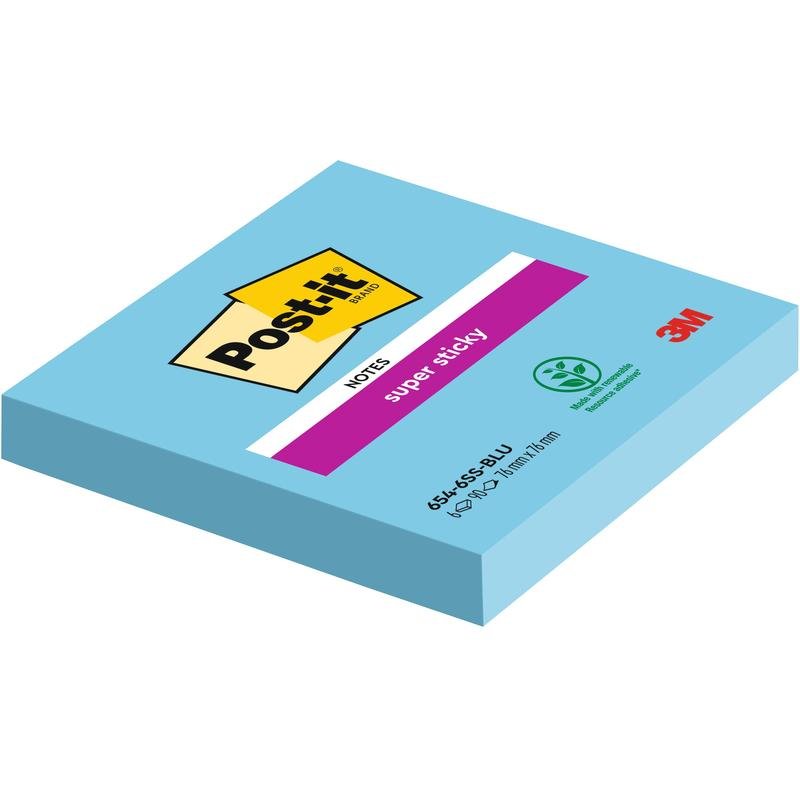 Modrý blok 3M Deutschland GmbH Post-it® Super Sticky Notes, 76 mm x 76 mm, 90 listov na blok, s logom a informáciou o produkte na obale; vyrobený zo 100% PEFC-certifikovaného materiálu.
