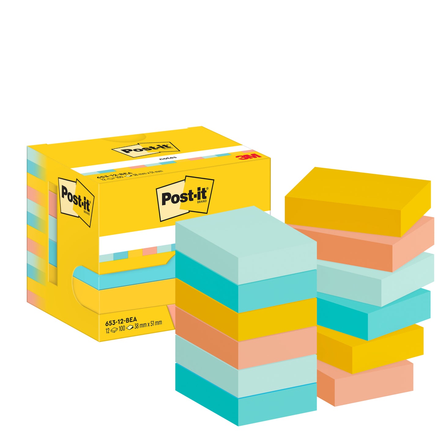 Žltá škatuľka Post-it® Notes, Beachside Collection (38 mm x 51 mm, 100 listov/blok, 12 blokov/balenie), od 3M Deutschland GmbH je zobrazená s pastelovými, obdĺžnikovými lístočkami - všetky z 100% PEFC-certifikovaného papiera.