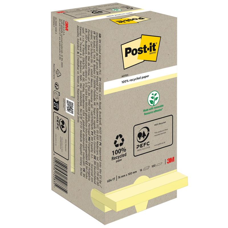 Béžová škatuľka Post-it® Recycling Notes (76x76 mm, 100 listov, 100% PEFC) od 3M Deutschland GmbH zobrazuje informácie o produkte, recyklačné symboly, PEFC certifikáciu a logo 3M. Žlté lepiace poznámky sú čiastočne viditeľné na dne.